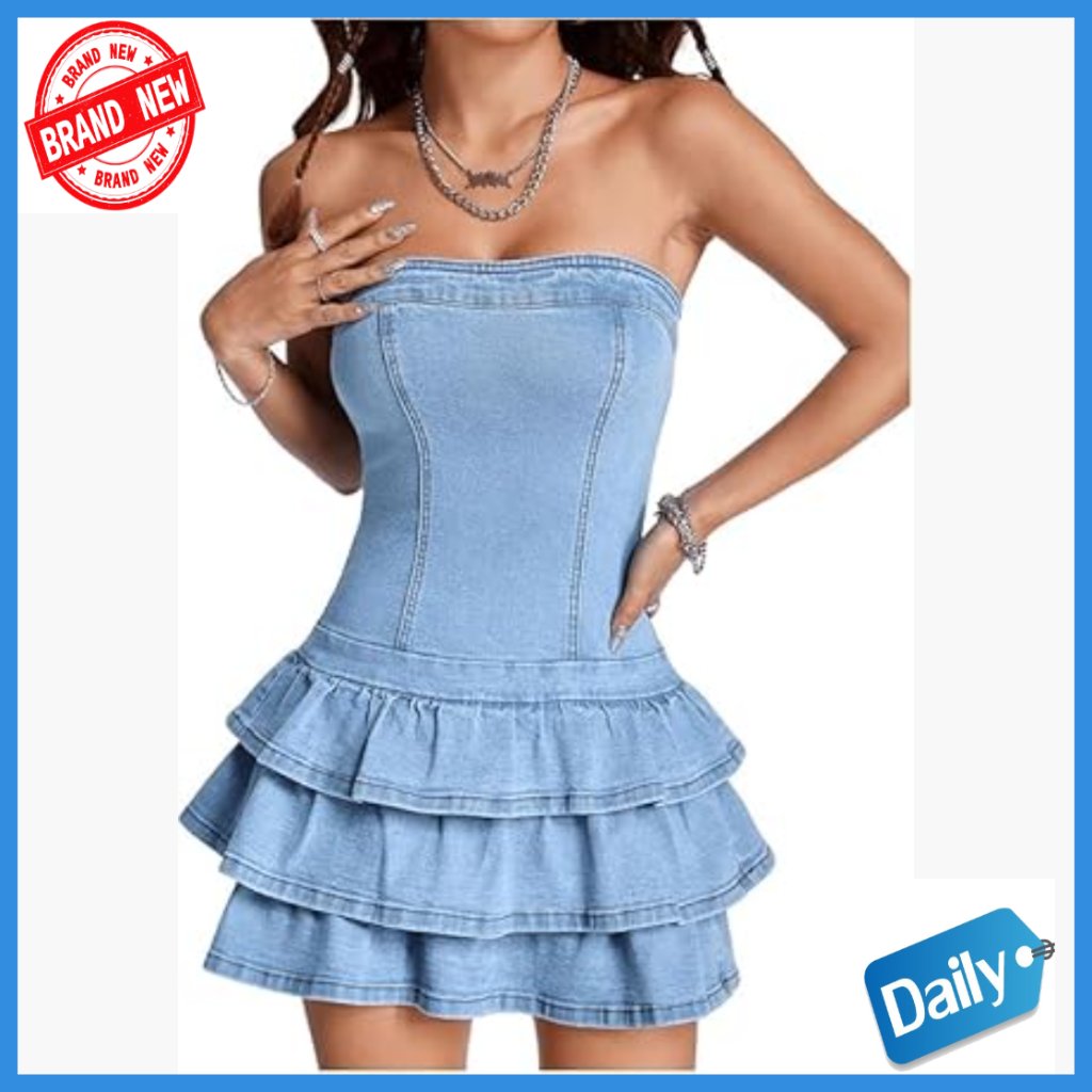 Strapless Denim Bodycon Mini Dress With Ruffles And Zipper Closure